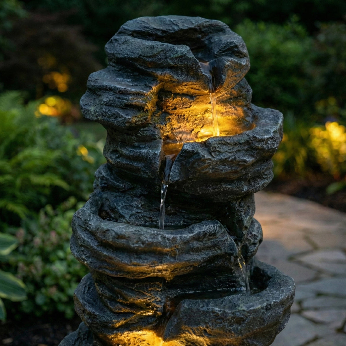 6-Tier Outdoor Cascading Stone Water Fountain with 3 LED Lights, view 3