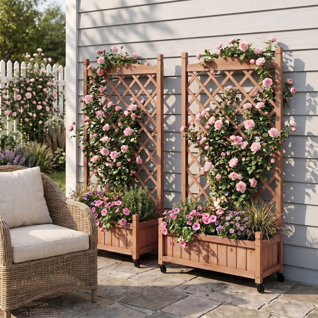 Raised Garden Bed With Trellis 2 Pack, Outdoor Planter Box & Plant Stand With Climbing Racks - Brown, view 2