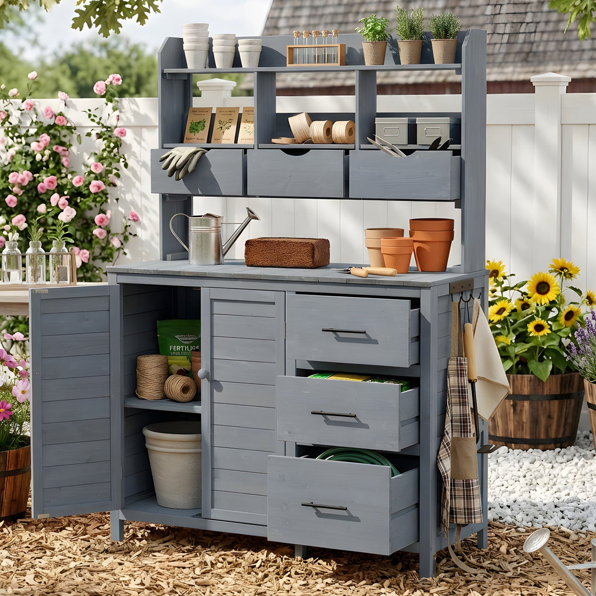 TOPMAX Farmhouse Patio Potting Bench with Storage and Workstation, view 3