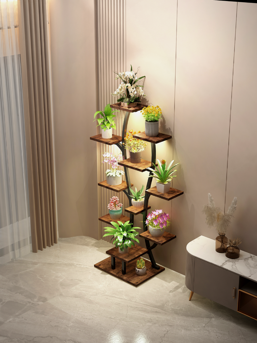 Vase-shaped plant stand with grow lights