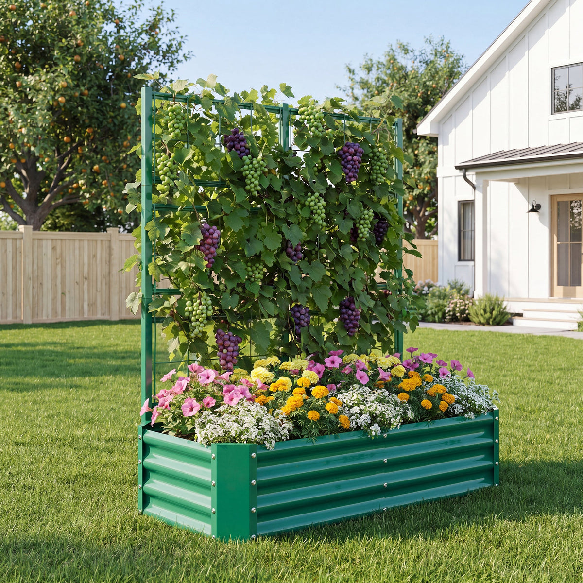 4x2x1FT Raised Garden Bed with Arch Trellis – Olive Green, Rolled Edges