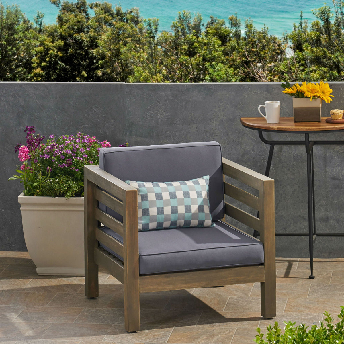 Outdoor Acacia Wood Patio Chair With Fabric Cushion