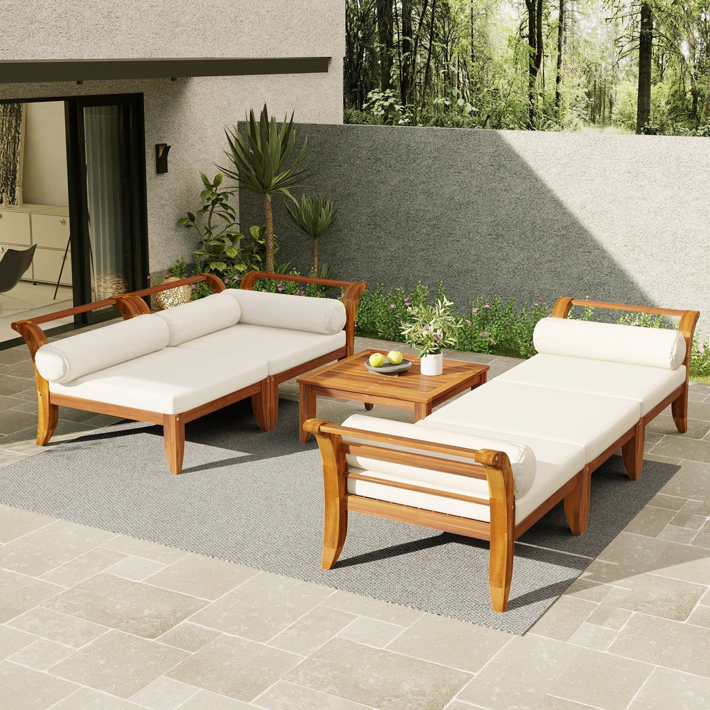 6 Piece Acacia Wood Outdoor Modular Sectional with Daybed and Tea Table, view 4