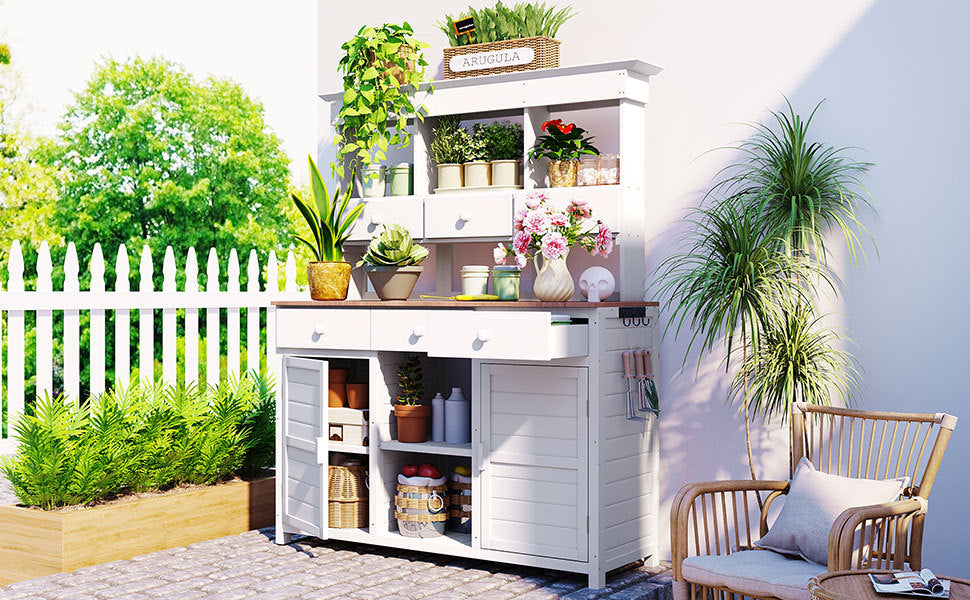 TOPMAX 65.7" Potting Bench with Hutch, 6 Drawers & Cabinets