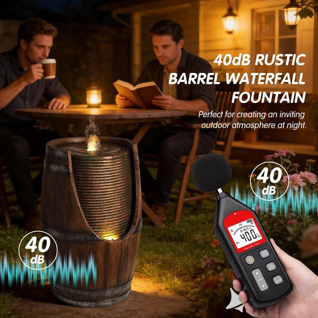 Outdoor Barrel Water Fountain with Rustic Wood Look Resin, view 7