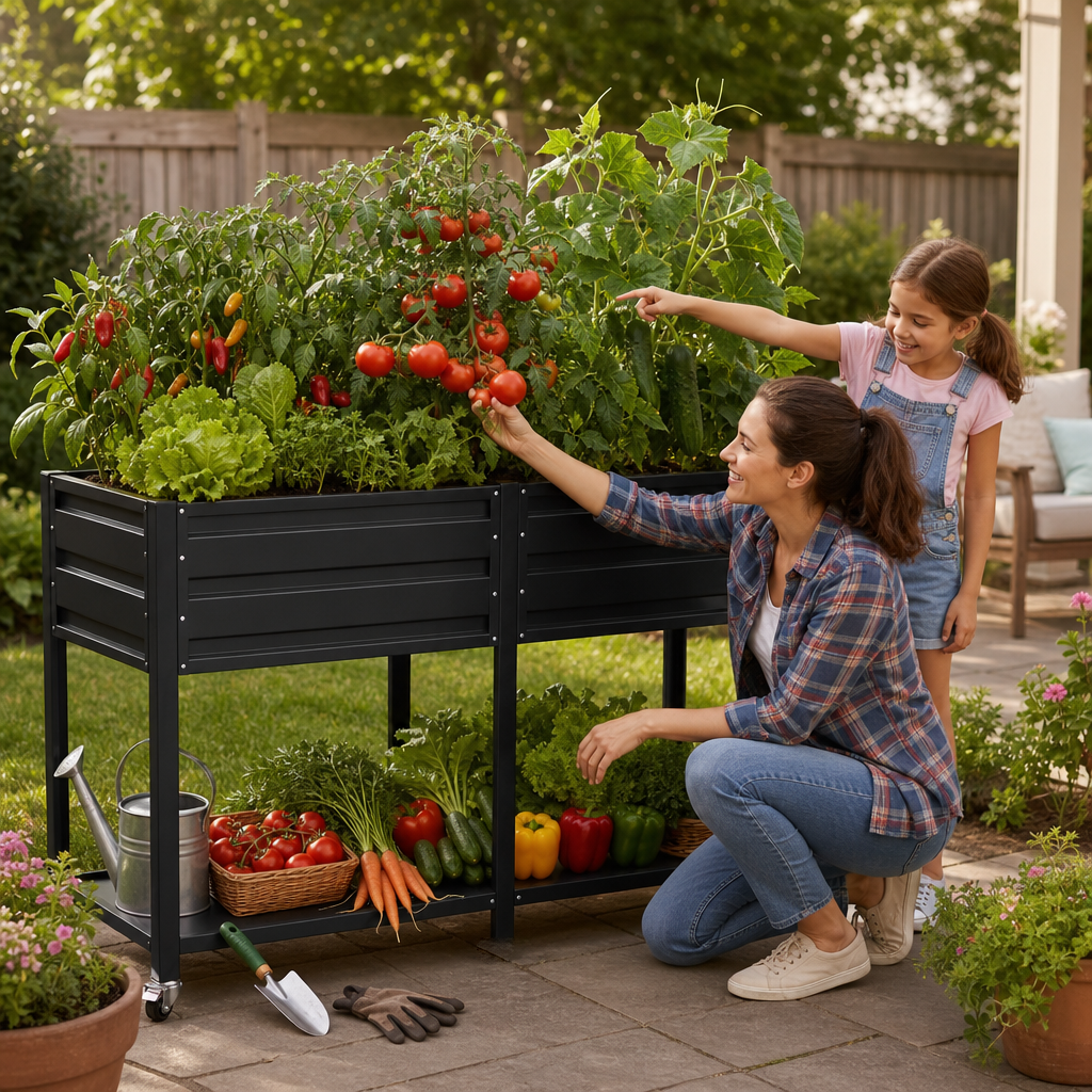 Dual Tier Elevated Metal Raised Garden Bed with Lockable Wheels & Lower Storage Shelf, view 5