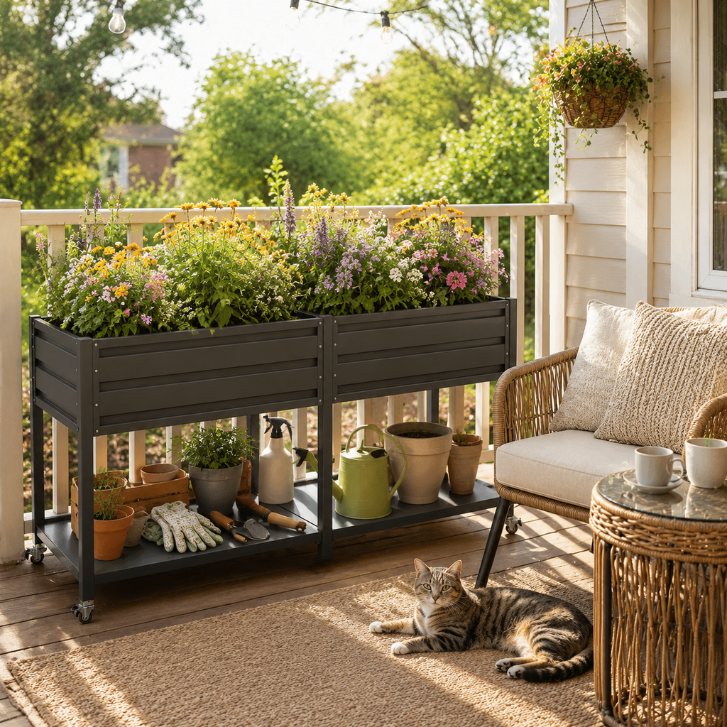 Dual Tier Elevated Metal Raised Garden Bed with Lockable Wheels & Lower Storage Shelf, view 4