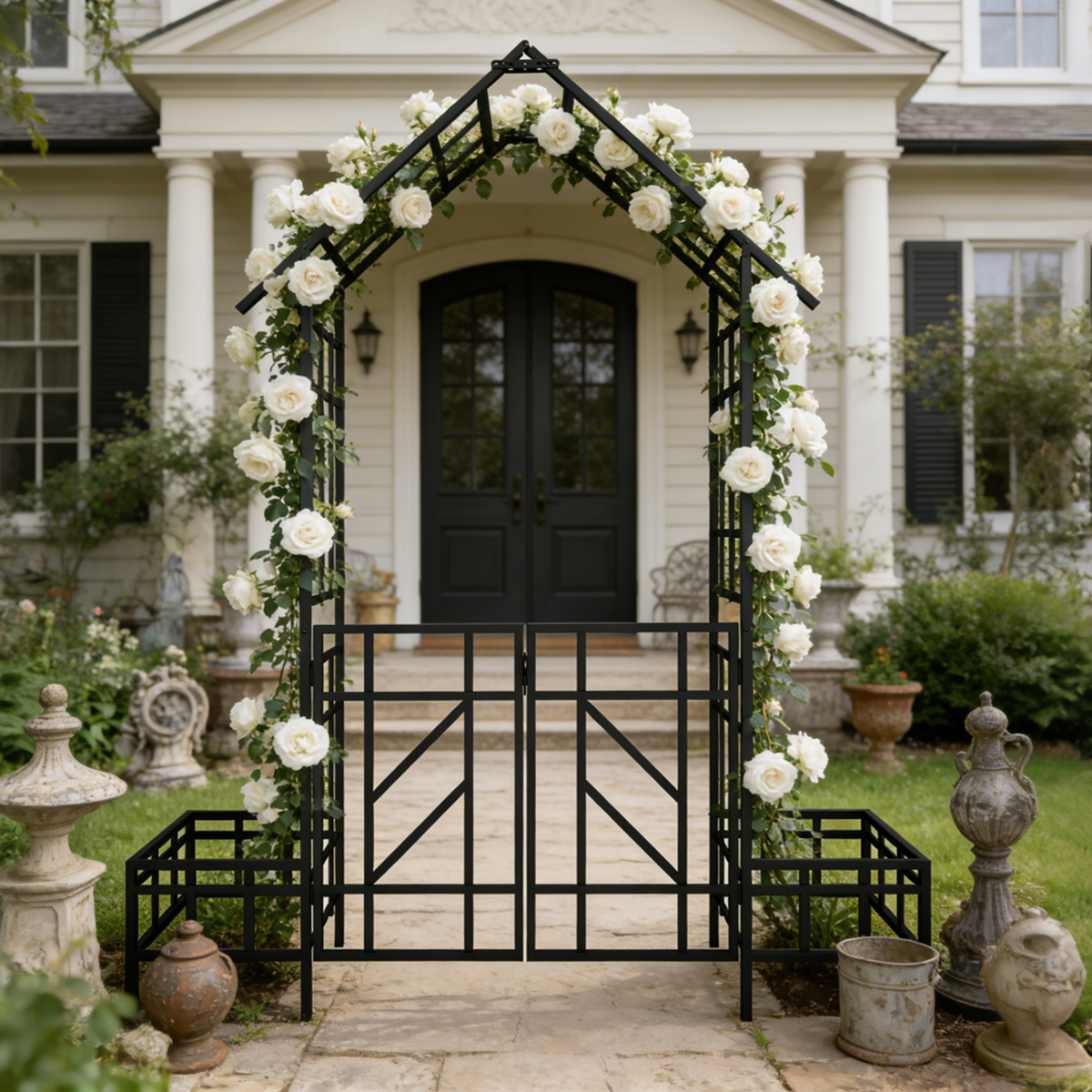 Metal Garden Arch with Gate and Planter for Climbing Plants, view 6