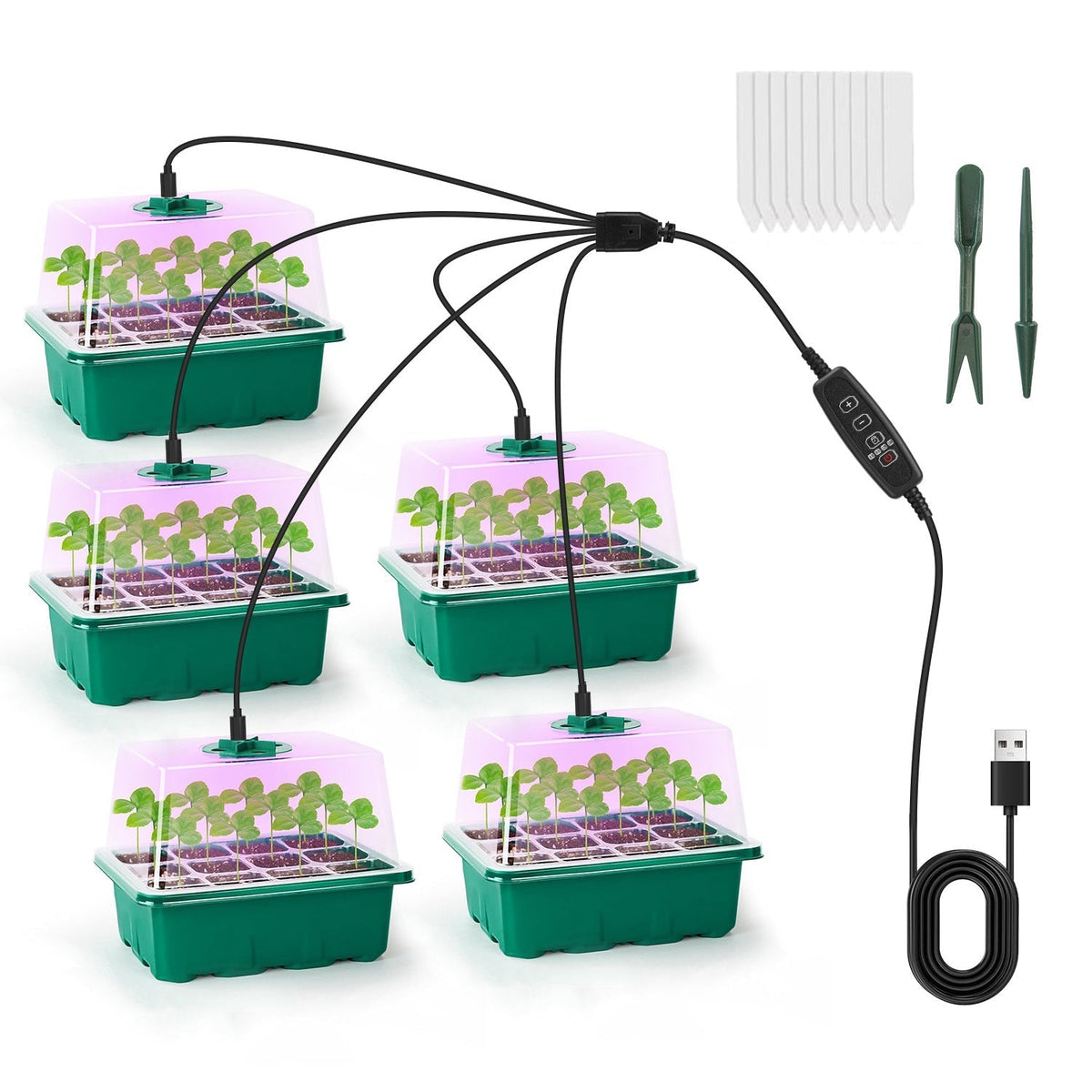 5Packs Seed Starter Tray With Grow Light Humidity Dome Germination Kit with 5-Level Brightness 4 Timers