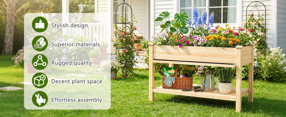 Raised Garden Bed with Water Collection Tray and Storage Shelf, view 6
