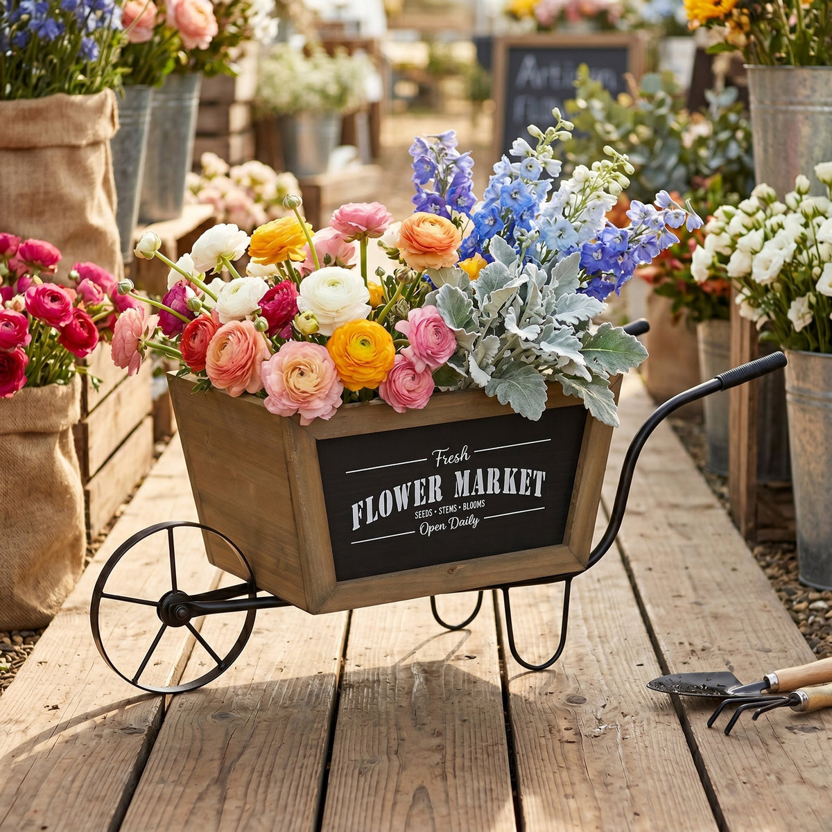 Farmhouse Wheelbarrow Planter with Flower Market Sign, view 8