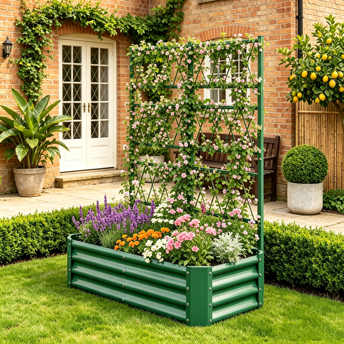 4x2x1FT Raised Garden Bed with Arch Trellis – Olive Green, Tool-Free