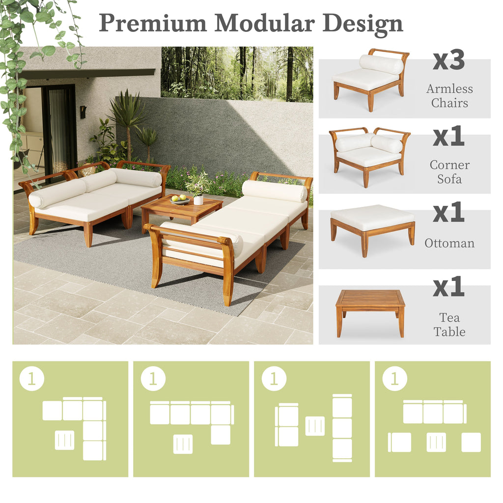 6 Piece Acacia Wood Outdoor Modular Sectional with Daybed and Tea Table, view 6