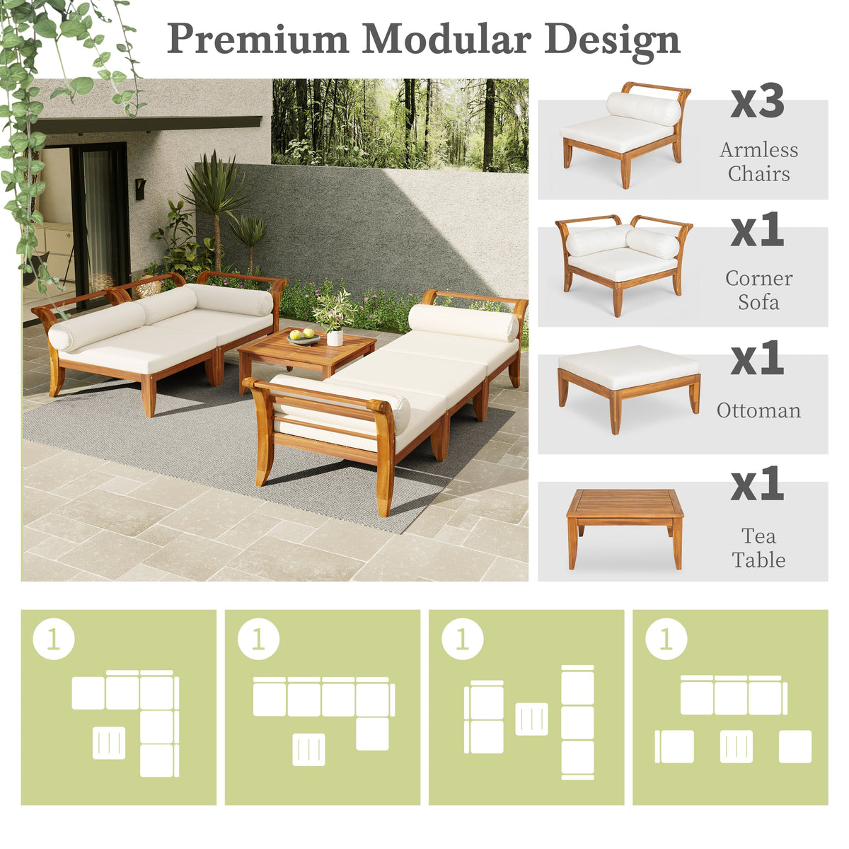 6 Piece Acacia Wood Outdoor Modular Sectional with Daybed and Tea Table, view 6