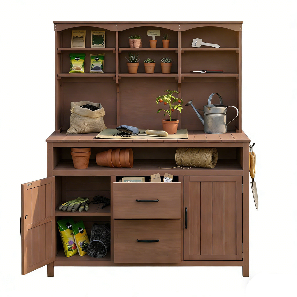 TOPMAX Large Fir Wood Potting Bench with Hutch and Storage, view 9