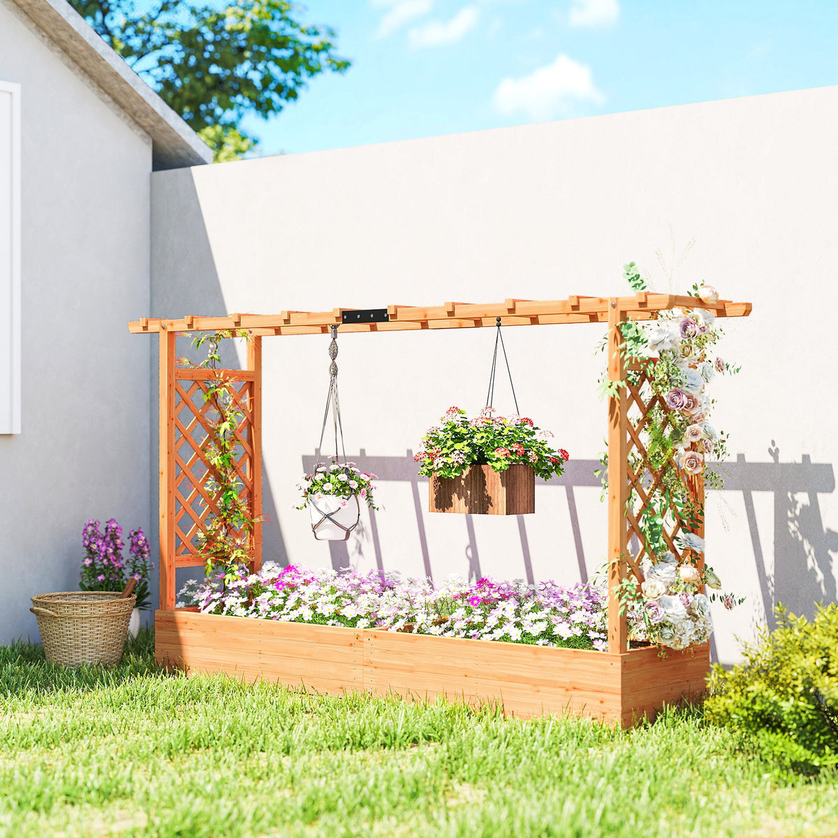 Wood Raised Garden Bed with Trellis - Large Outdoor Planter Box, view 9