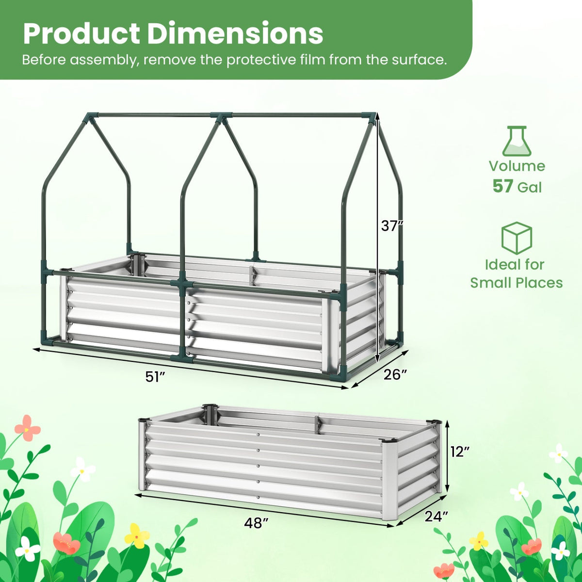 4 x 2 x 3 Feet Small Galvanized Raised Garden Bed with Greenhouse Cover, view 11