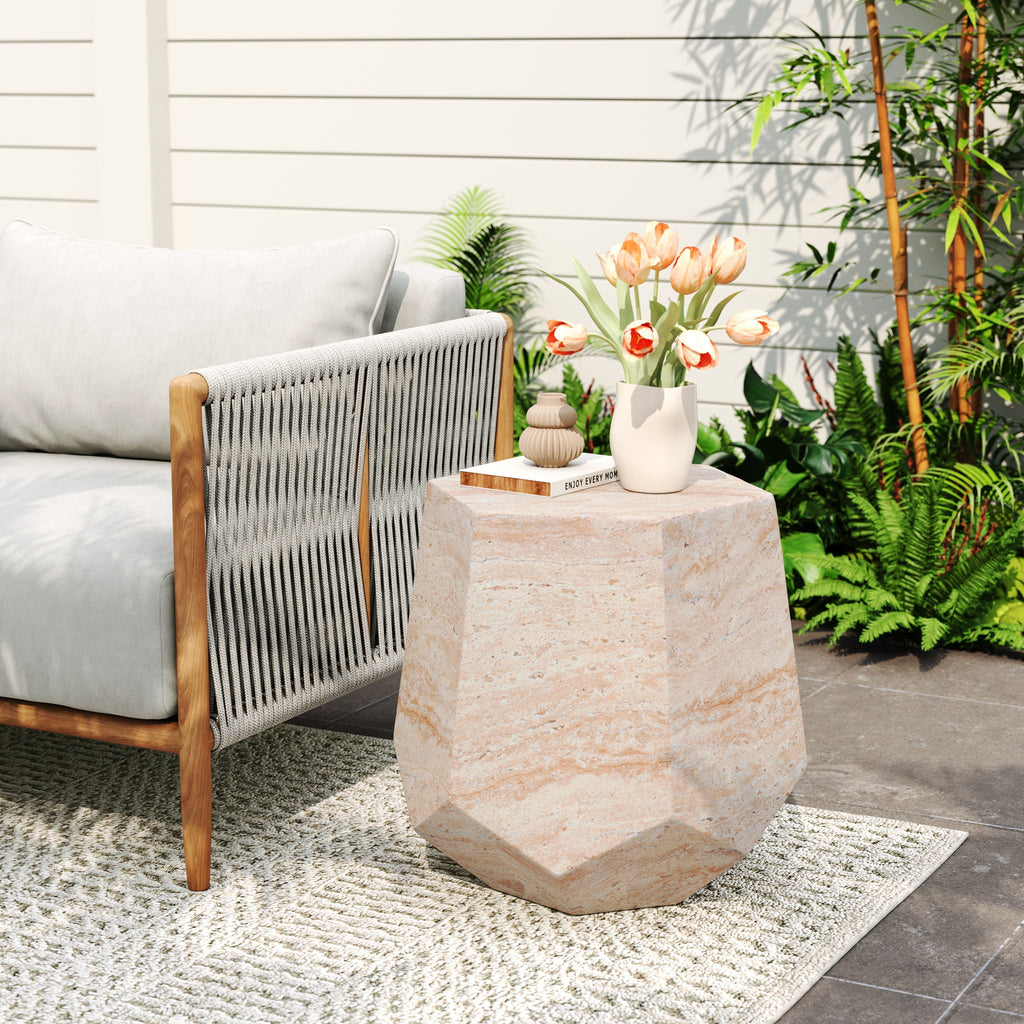 Hexagonal Travertine Concrete Side Table – Indoor/Outdoor, view 4