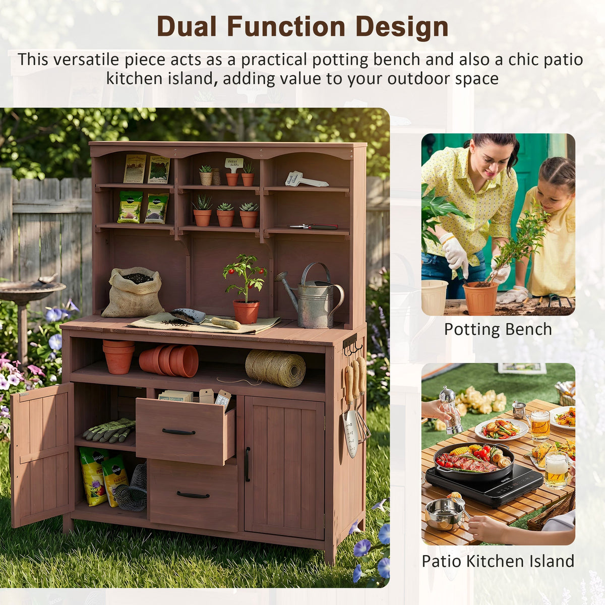 TOPMAX Large Fir Wood Potting Bench with Hutch and Storage, view 4