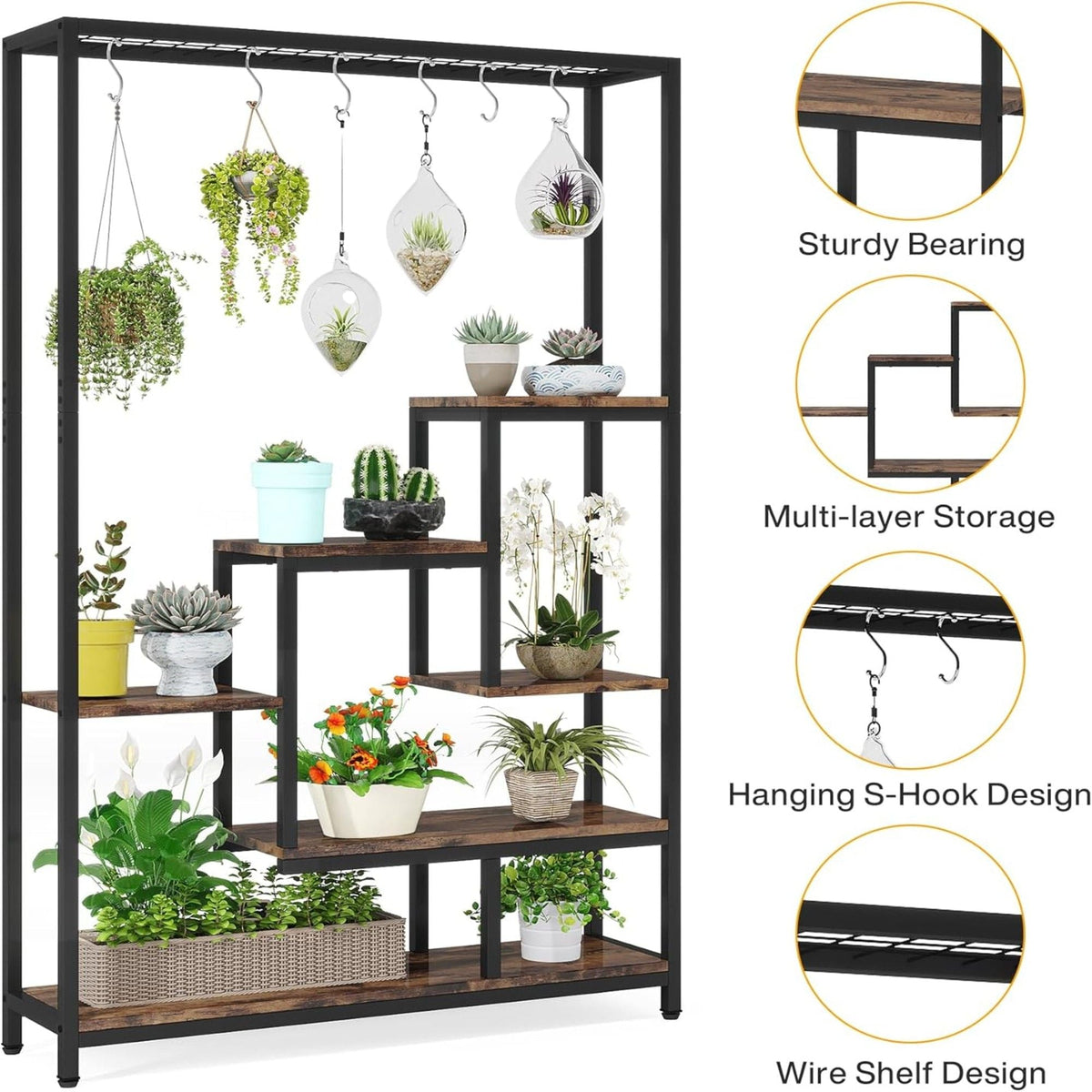 5-tier ladder plant stand with 6 hooks, view 4