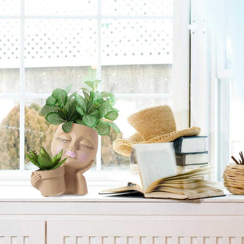 Girl Face Planter Pot Dual Opening Flower Pot With Drainage Hole Lady Head Resin Plant Pot For Succulent, view 4