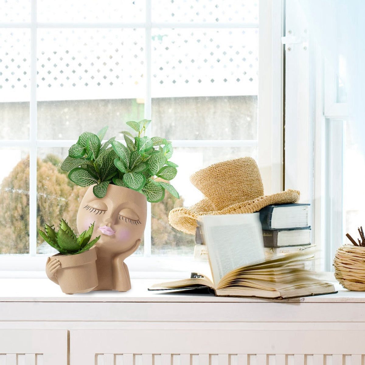 Girl Face Planter Pot Dual Opening Flower Pot With Drainage Hole Lady Head Resin Plant Pot For Succulent, view 4