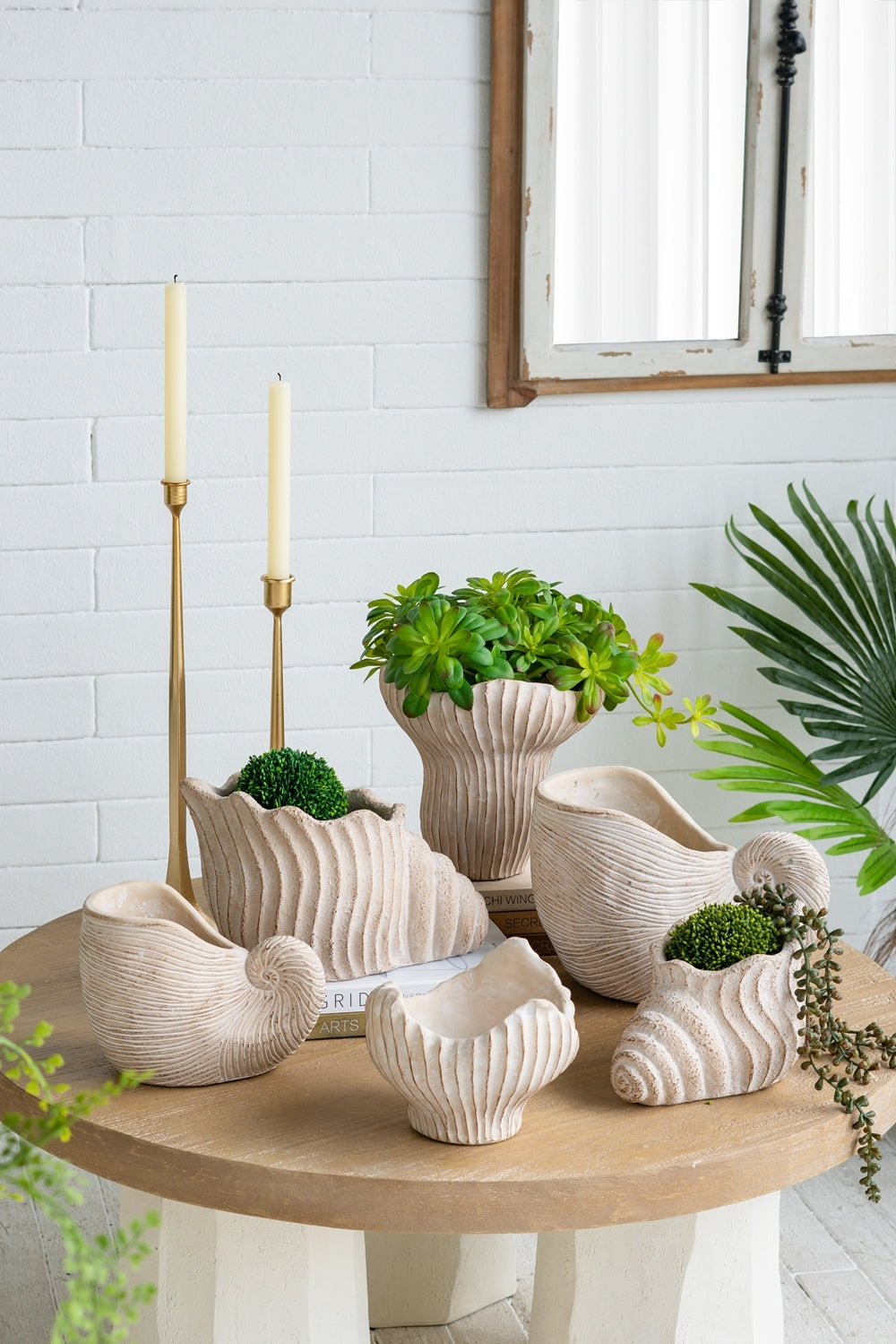 11.5x6.7x7.7" Sand and Cement Nautilus Shell Planter with Textured Beige Finish, view 12