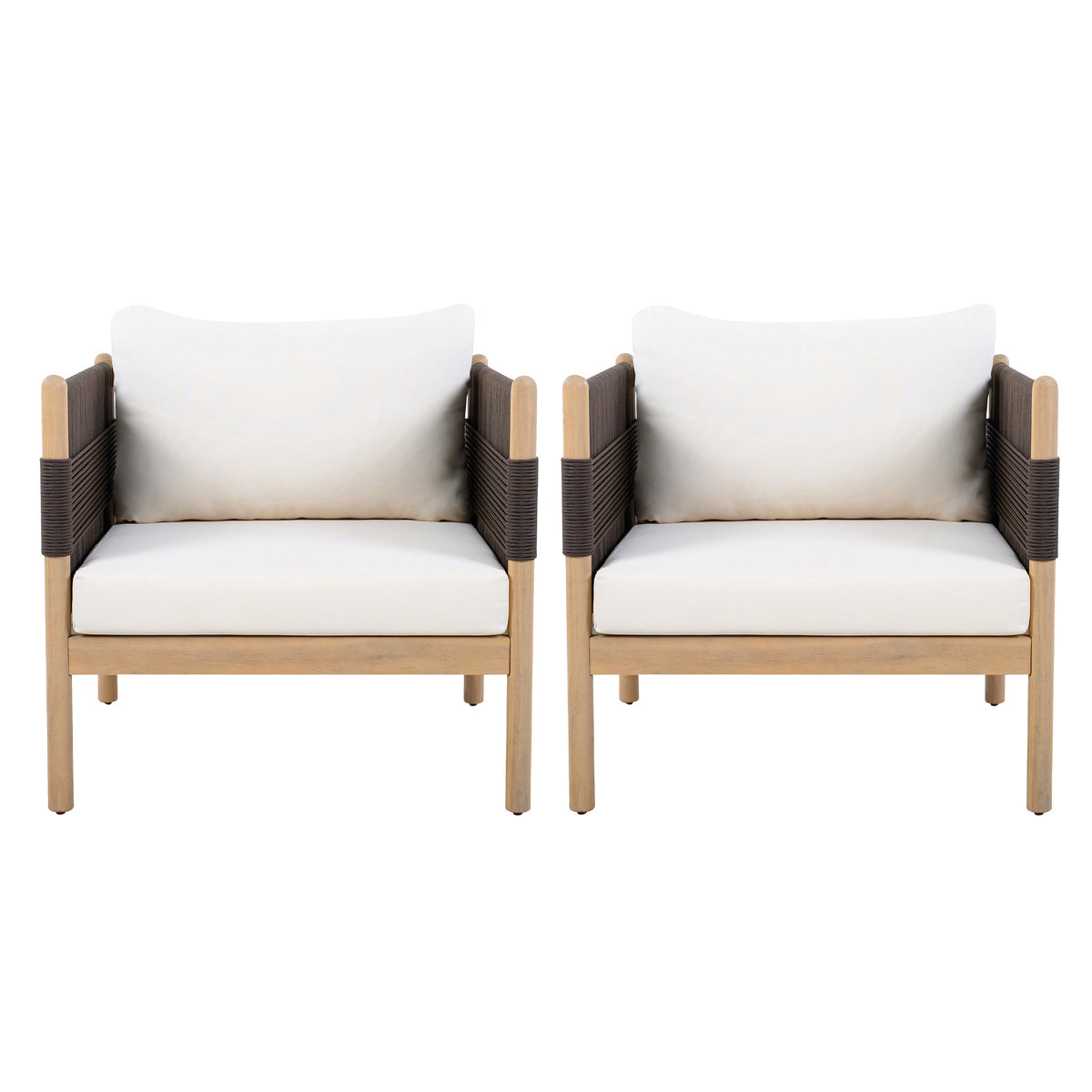 Outdoor Acacia Club Chairs (Set of 2) with Diamond-Pattern Black Rope, Light Teak Finish, view 3