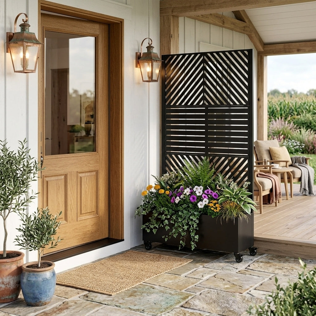 Black Metal Planter Box with Trellis – 73" Privacy Screen, view 3
