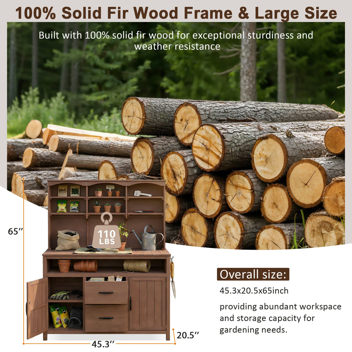 TOPMAX Large Fir Wood Potting Bench with Hutch and Storage, view 5