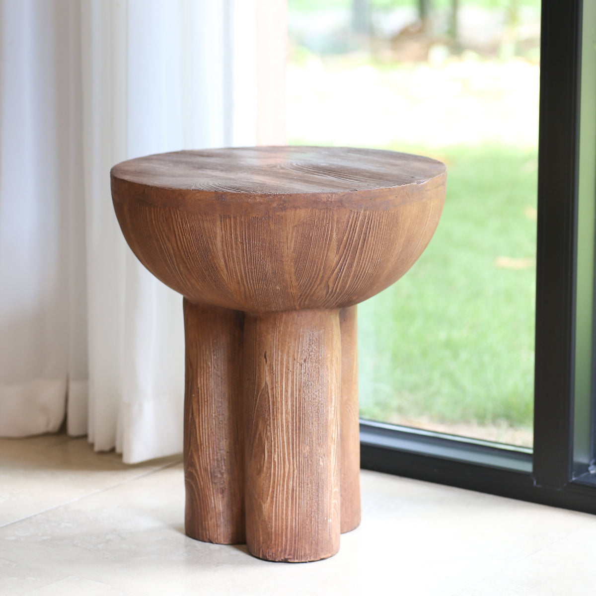 Iris Outdoor Patio Three-Legged Wood-Grain Side Table, view 5