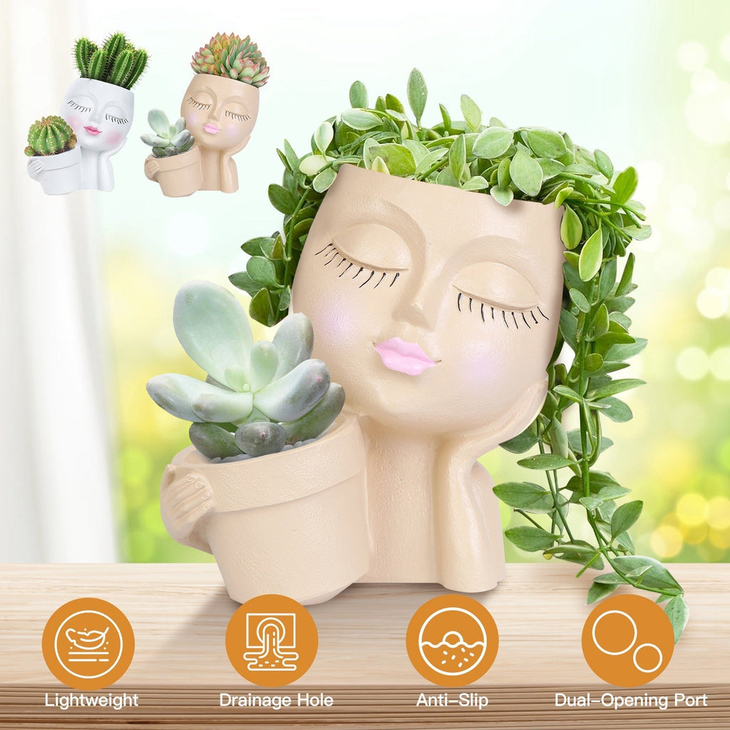 Girl Face Planter Pot Dual Opening Flower Pot With Drainage Hole Lady Head Resin Plant Pot For Succulent, view 6