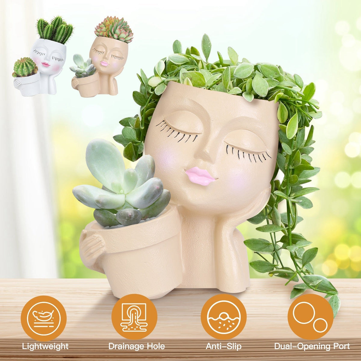 Girl Face Planter Pot Dual Opening Flower Pot With Drainage Hole Lady Head Resin Plant Pot For Succulent, view 6
