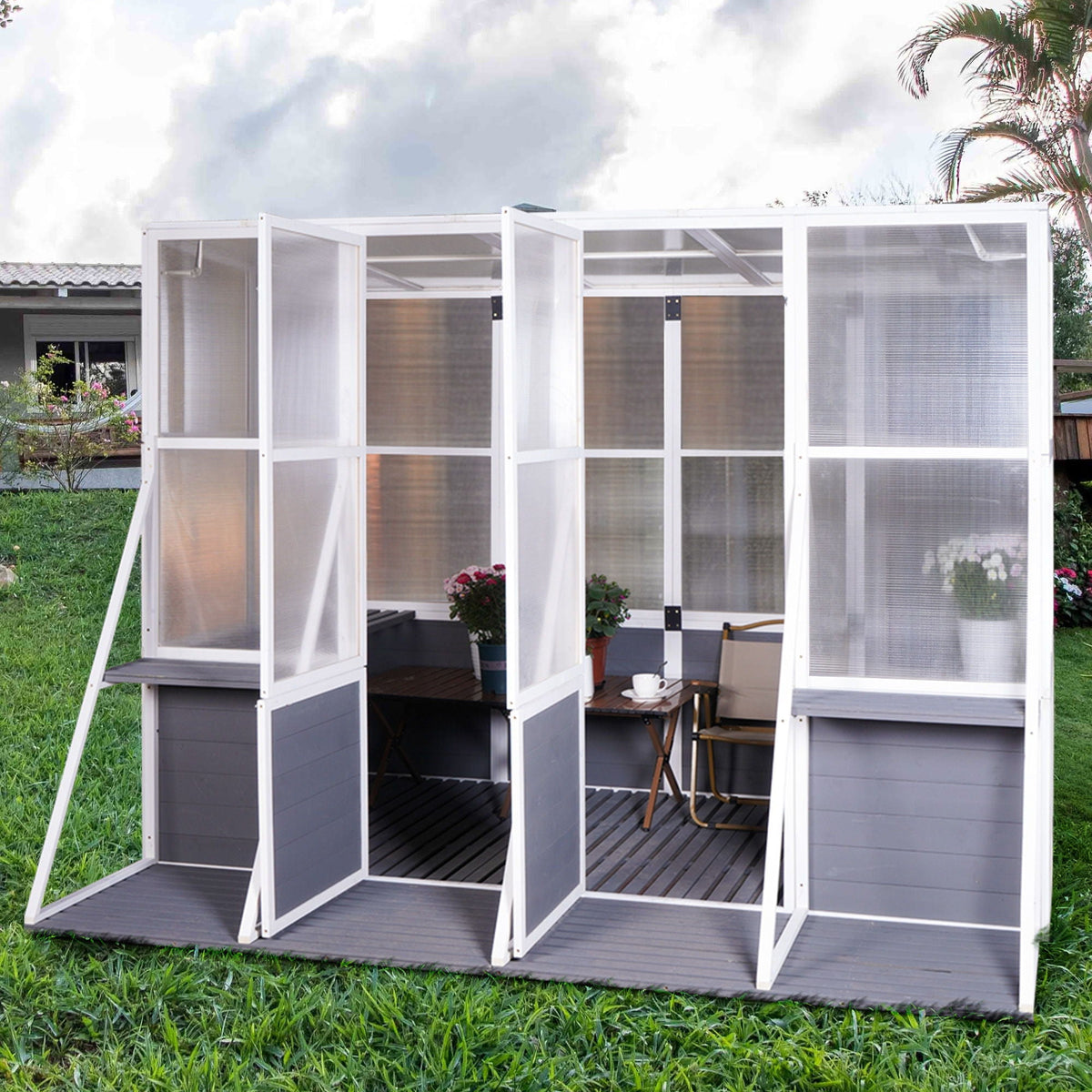 Walk-In Wooden Lean-To Greenhouse, Heavy Duty Polycarbonate - White / Gray