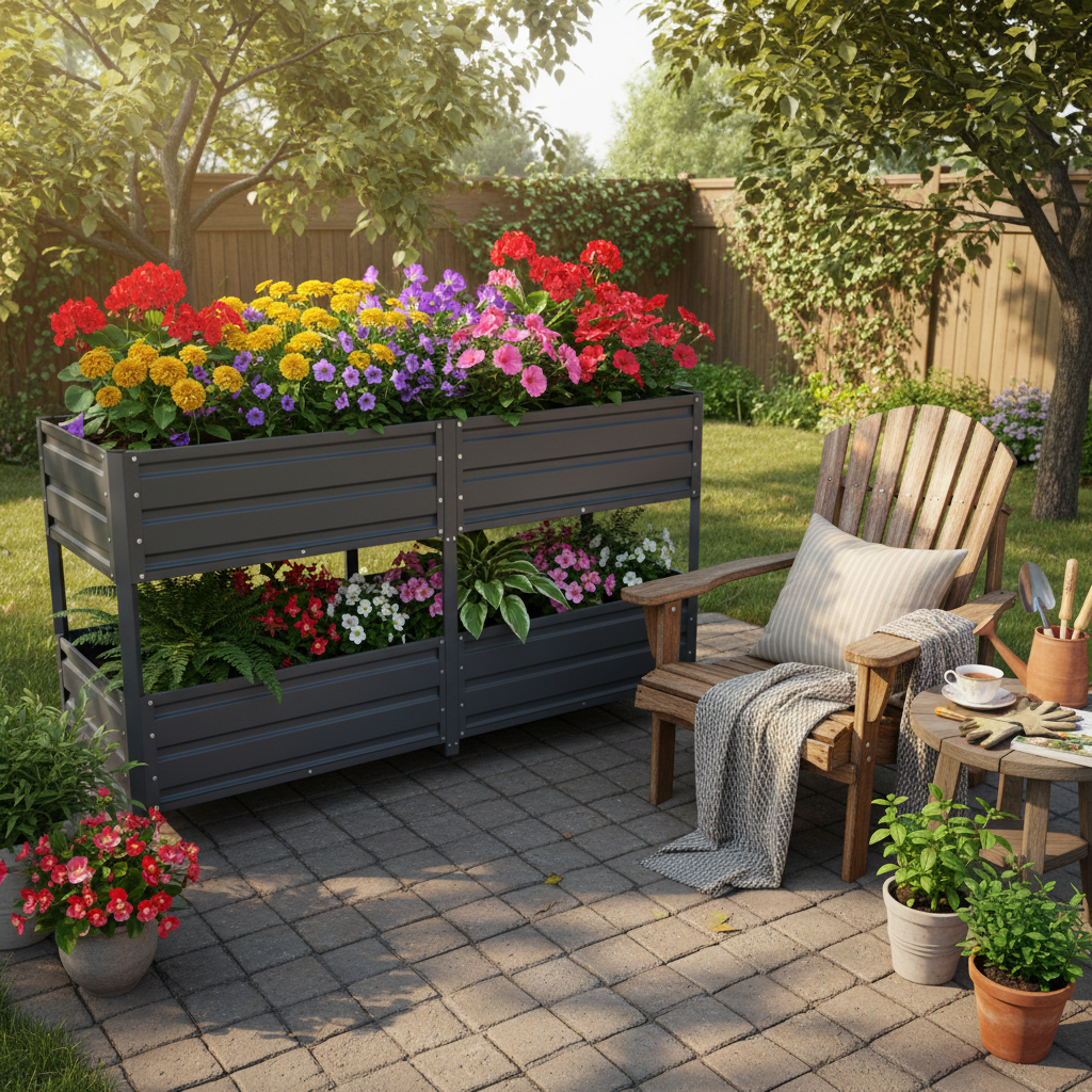 Dual Tier Elevated Metal Raised Garden Bed with Lockable Wheels, view 7