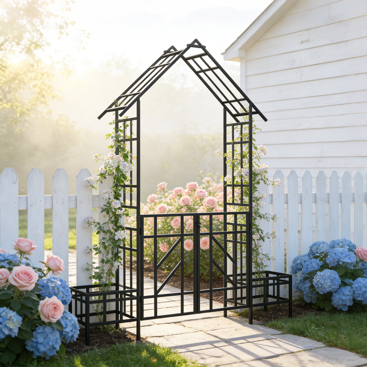 Metal Garden Arch with Gate and Planter for Climbing Plants, view 5