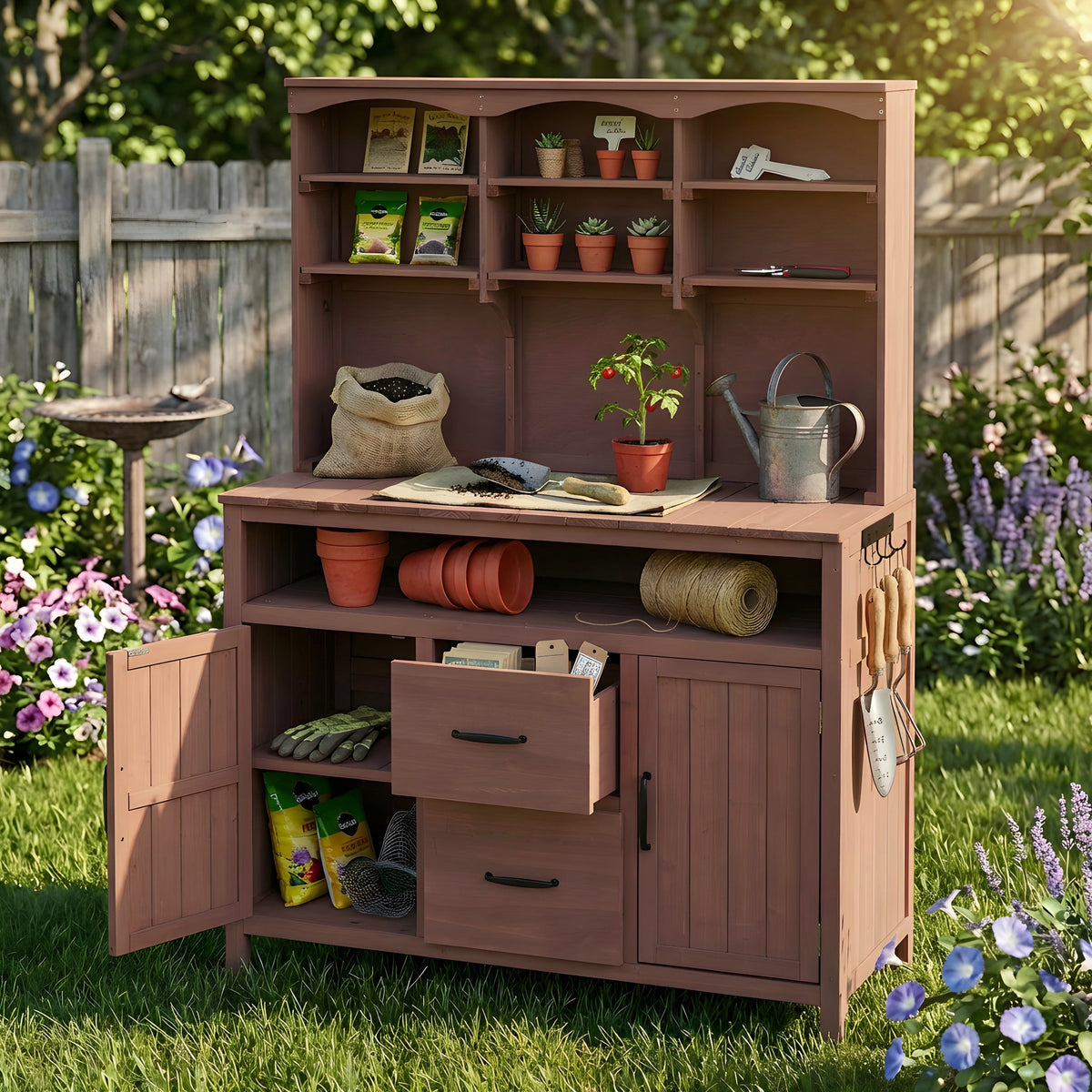 TOPMAX Large Fir Wood Potting Bench with Hutch and Storage, view 2