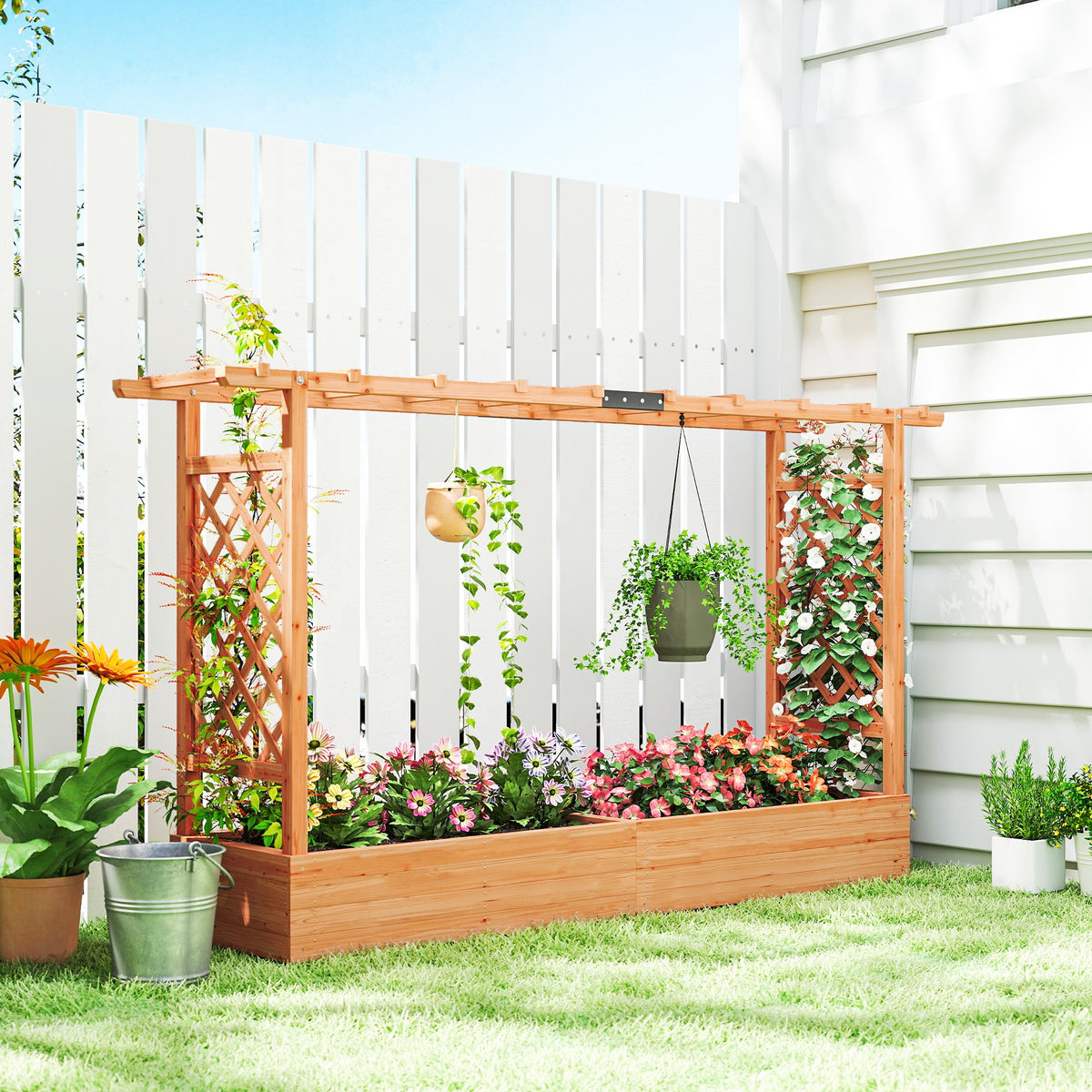Wood Raised Garden Bed with Trellis - Large Outdoor Planter Box, view 8
