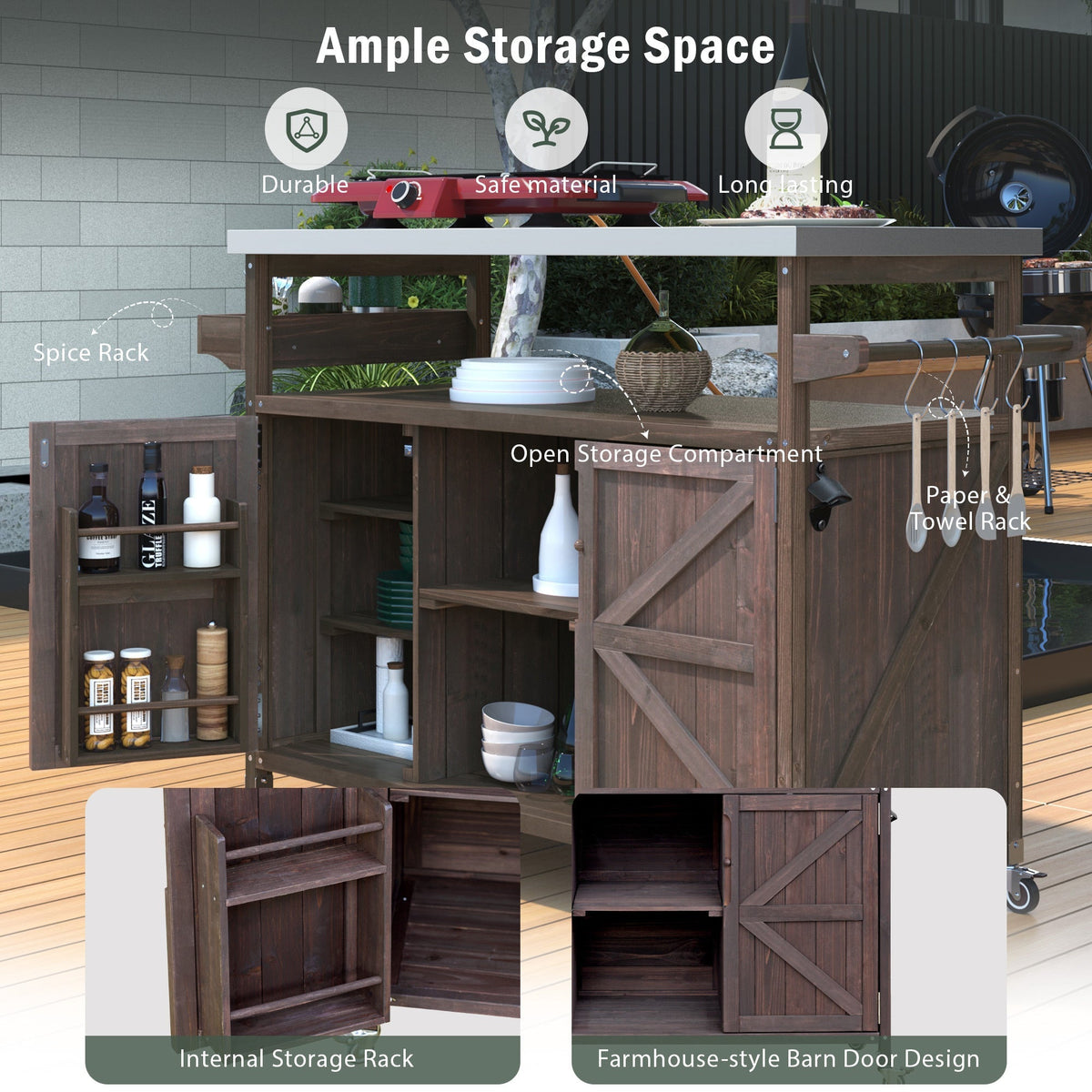 K&K Rolling Bar Cart & Storage Cabinet – FSC-Certified Fir Wood, view 4