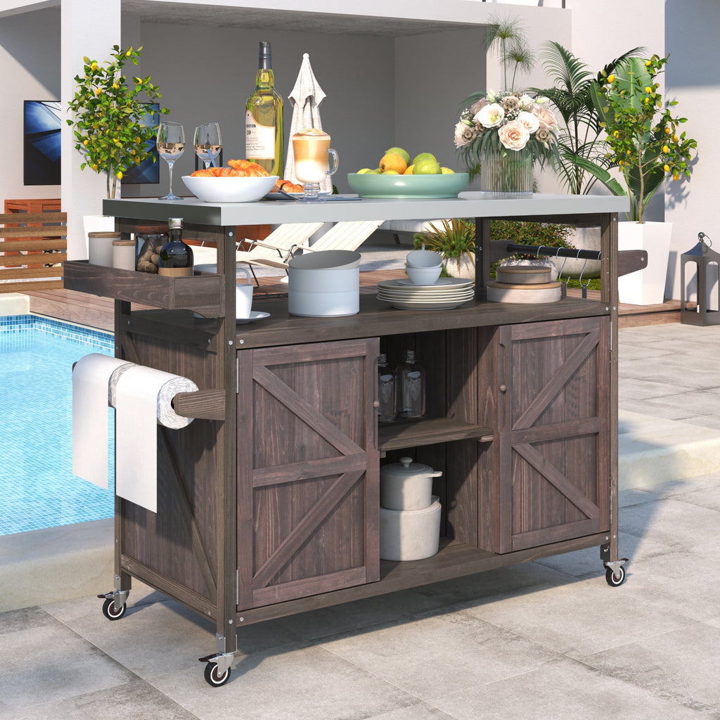 K&K Rolling Bar Cart & Storage Cabinet – FSC-Certified Fir Wood, view 3