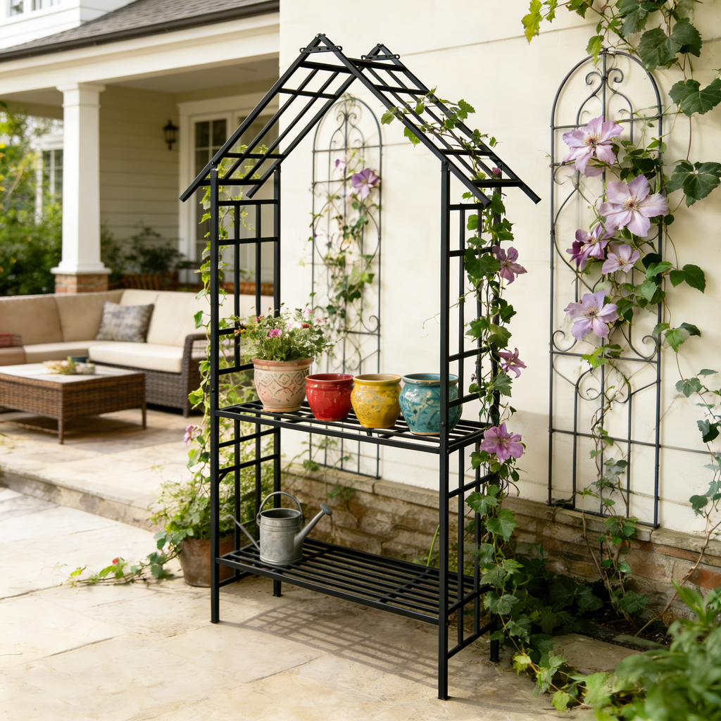 Metal Garden Arch with Bench Turned into Flower Stand, view 7