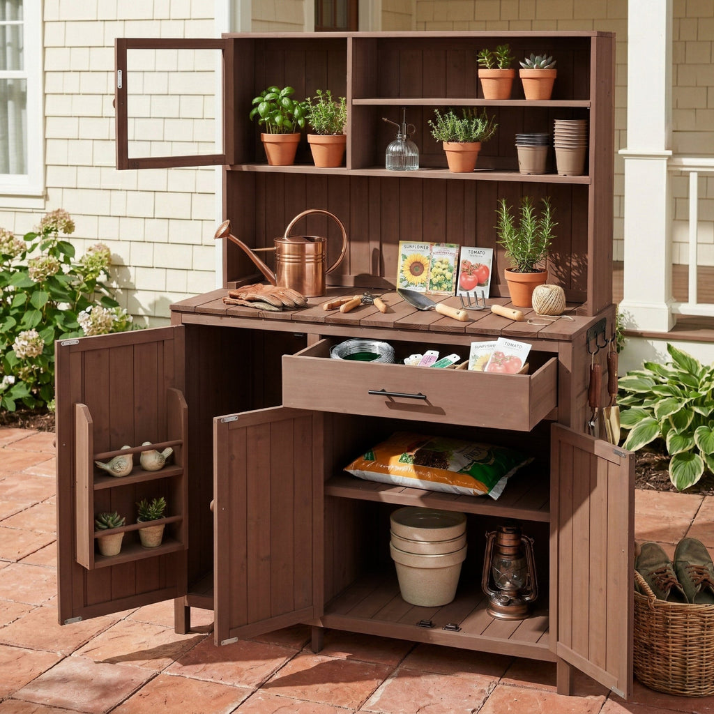 TOPAMX Potting Bench with Hutch, Solid Fir Wood Garden Workstation, view 7