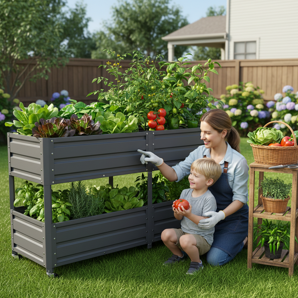 Dual Tier Elevated Metal Raised Garden Bed with Lockable Wheels, view 3
