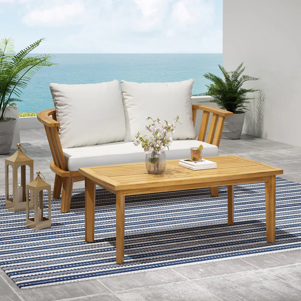 2-Person Outdoor Acacia Wood Patio Seating Group with Cushions and Coffee Table, view 3