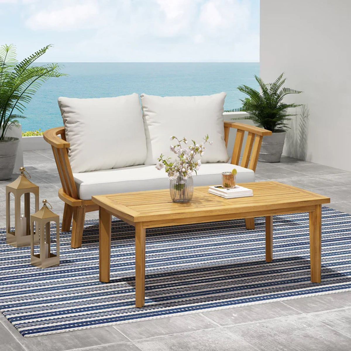 2-Person Outdoor Acacia Wood Patio Seating Group with Cushions and Coffee Table, view 3