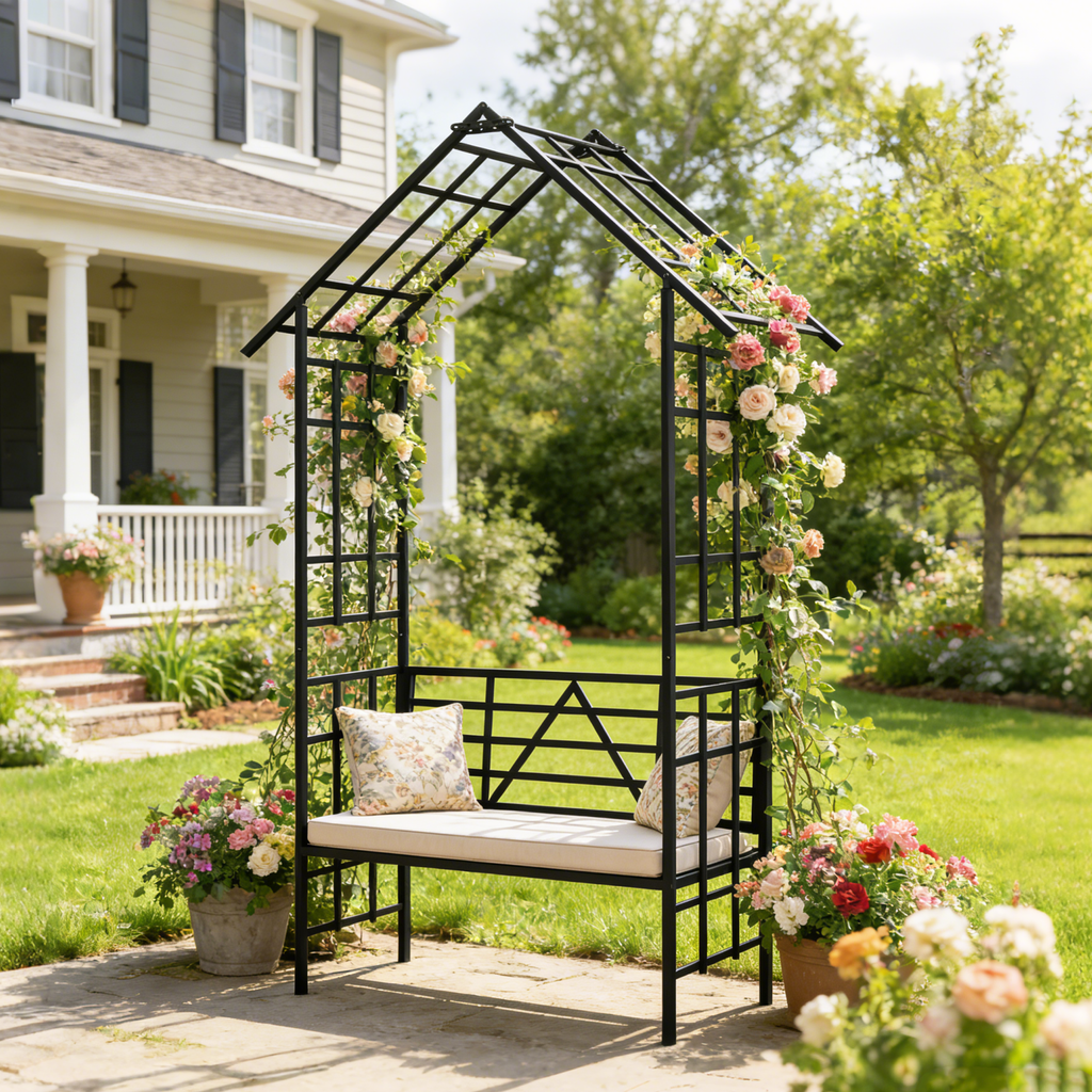 Metal Garden Arch with Bench Turned into Flower Stand, view 4