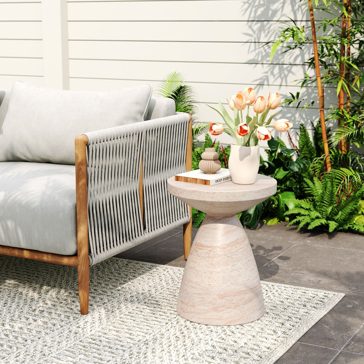 Travertine-Finish Concrete Side Table – Gray or Beige, view 6