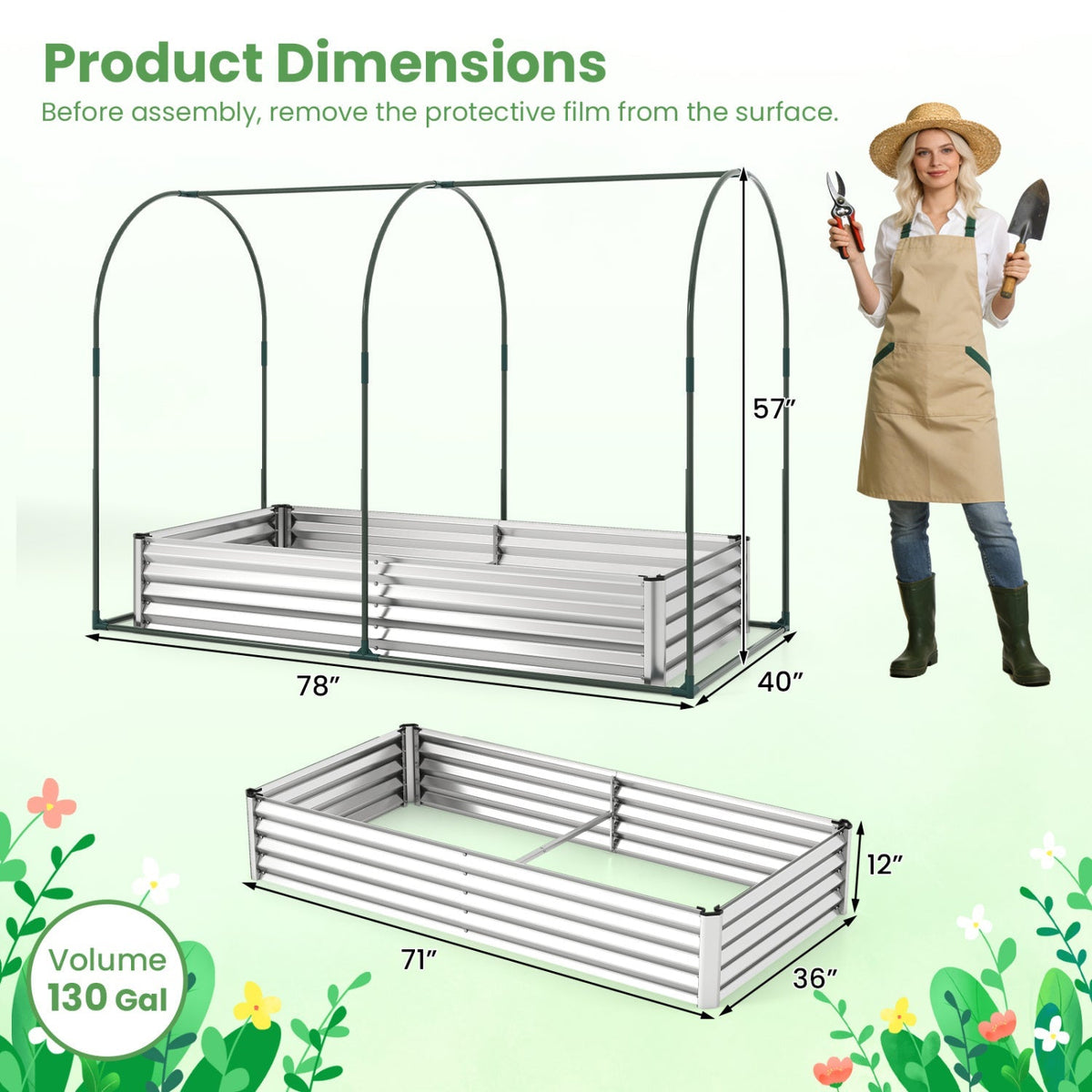 6 x 3 x 1 FT Galvanized Raised Garden Bed with Greenhouse Cover, view 11