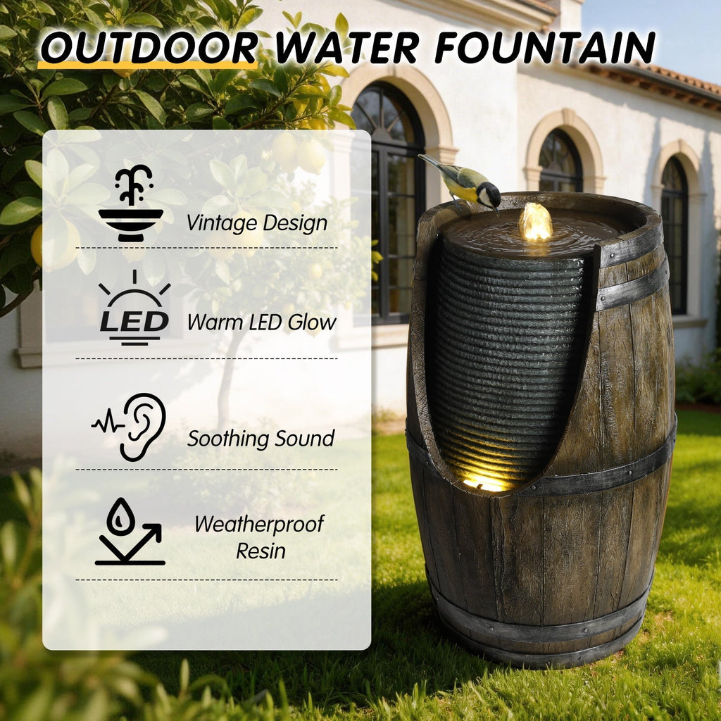 Wooden Barrel Style Outdoor Water Fountain with Lights, view 4