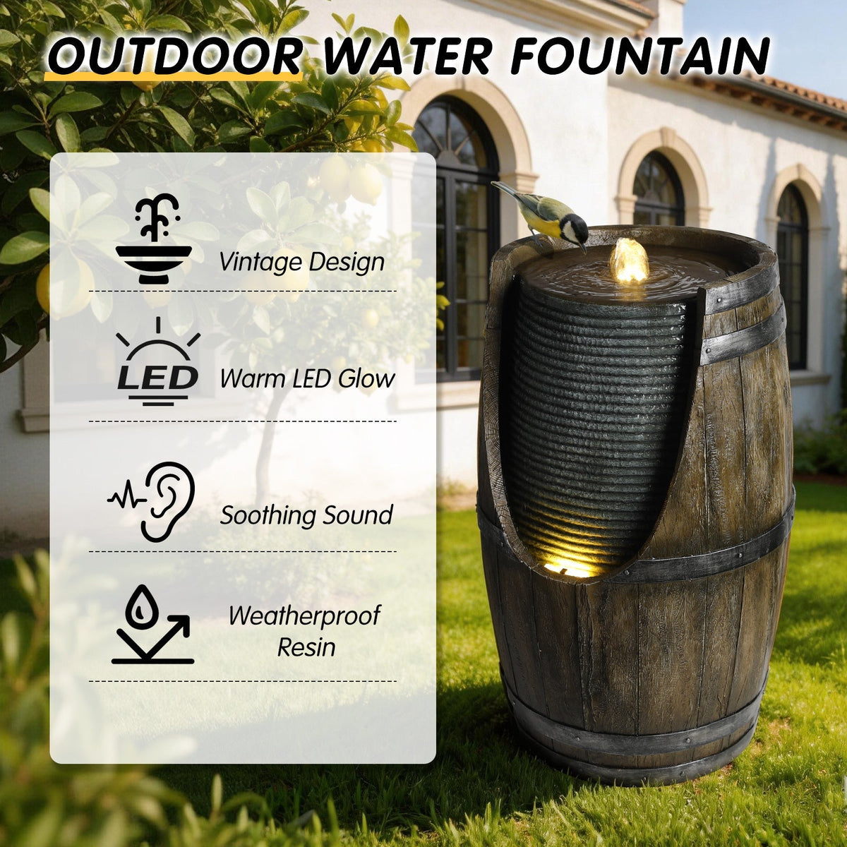 Wooden Barrel Style Outdoor Water Fountain with Lights, view 4